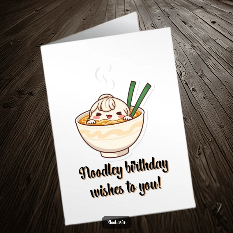 Funny Free Printable Noodle Bowl Birthday Card: Whimsical noodle character peeking, a humorous downloadable gift.