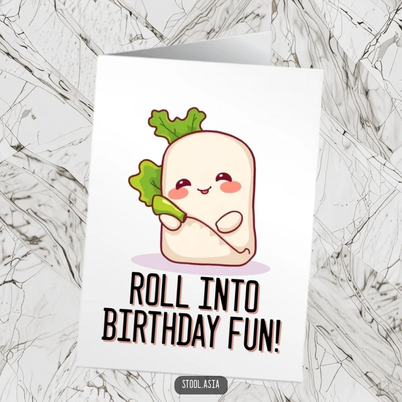 Funny Free Printable Spring Roll Birthday Card: Smiling spring roll rolling lettuce, a humorous downloadable gift.