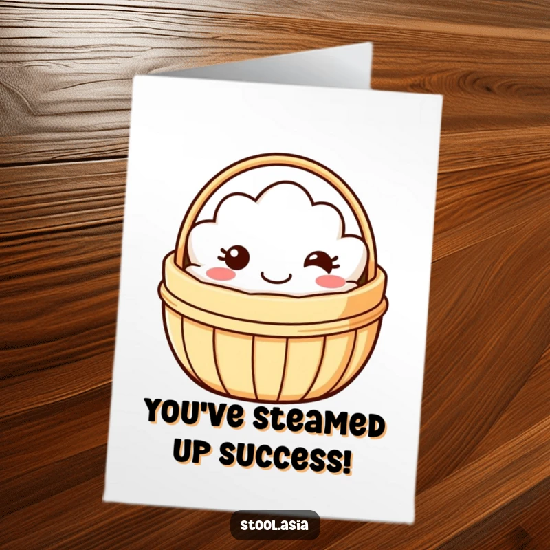 Funny Free Printable Congratulations Card, a smiling dim sum basket with a happy mouth wobbling playfully to celebrate.