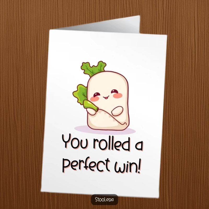 Funny Free Printable Spring Roll Congratulations Card: Smiling spring roll rolling lettuce, a humorous downloadable gift.