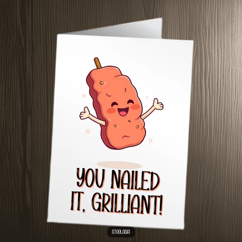 Funny Free Printable Congratulations Card: A grilled meat skewer with arms performing a bold, flamboyant flourish.