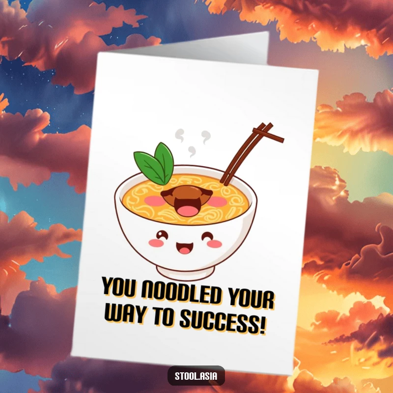 Funny Free Printable Congratulations Card, a cheerful ramen bowl bouncing energetically with a happy mouth to celebrate success.