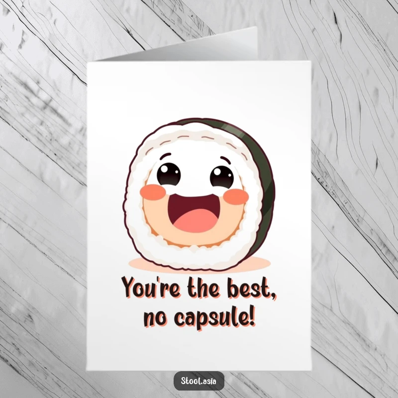 Funny Free Printable Congratulations Card, a joyful sushi roll rolling enthusiastically forward with a wide, friendly smile.