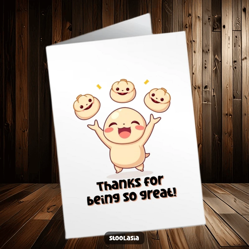 Funny Free Printable Dumpling Thank You Card: Delighted dumpling juggling bao buns, a humorous downloadable gift.
