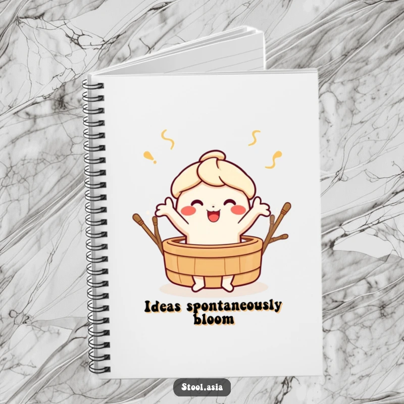 Funny cheerful dim sum character doing a lively dance around a bamboo steamer on a notebook cover.