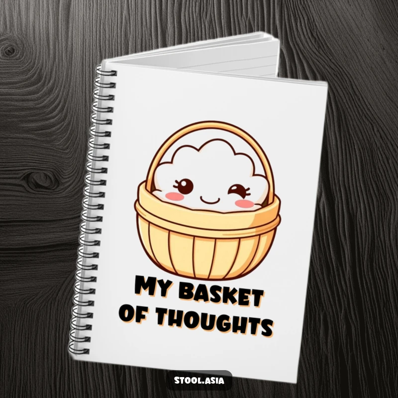Funny dim sum basket notebook with a smiling basket wobbling playfully, perfect for jotting notes.