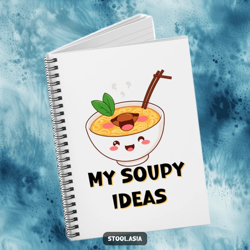 Funny ramen bowl notebook with a cheerful bowl bouncing with energy, perfect for jotting notes.