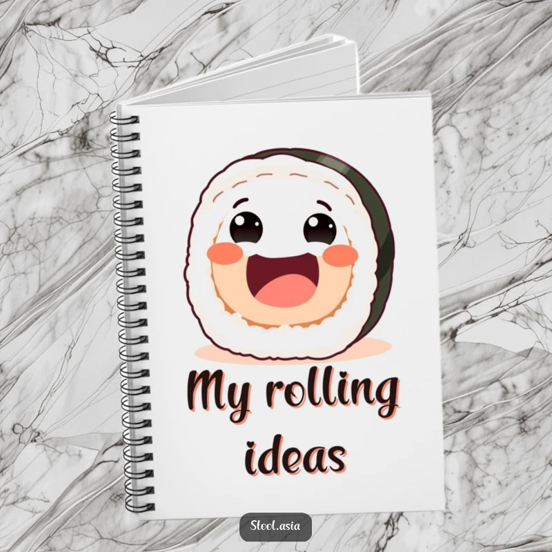 Funny sushi roll notebook with a joyful roll rolling forward enthusiastically, perfect for jotting notes.