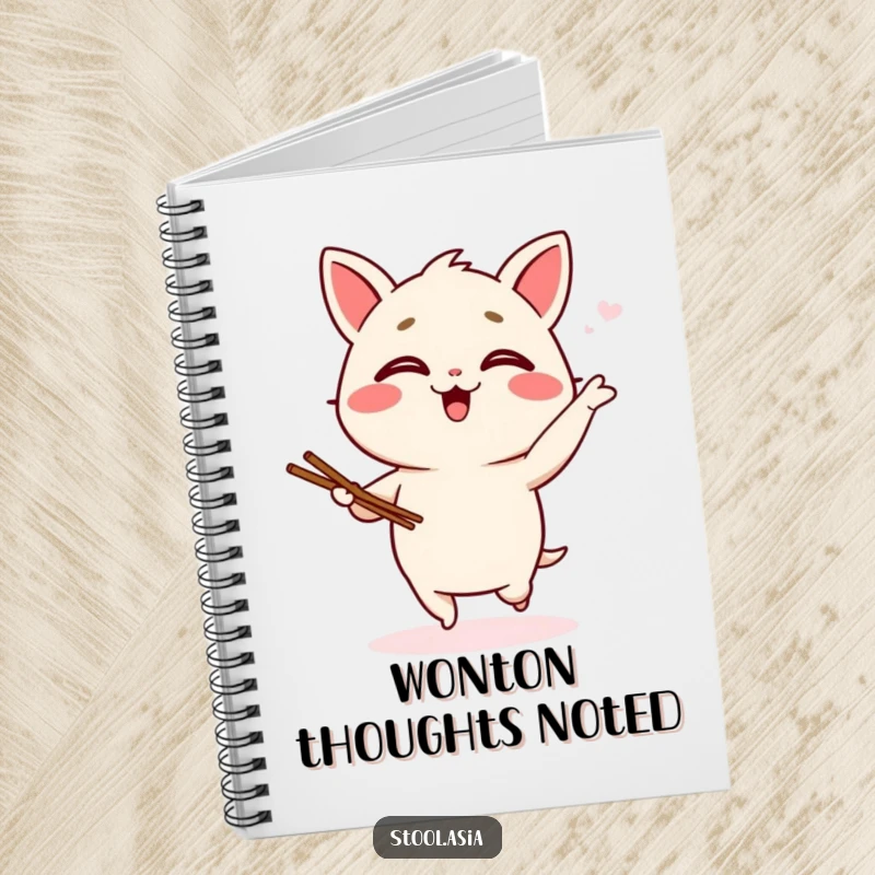 Funny wonton notebook illustrated with a giggling dumpling character performing a silly jig with tiny chopsticks, ideal for journaling.