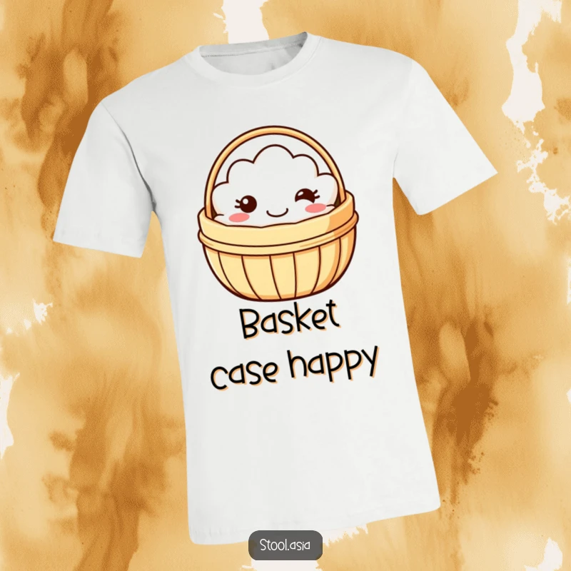 Funny dim sum basket t-shirt featuring a smiling basket with simple eyes and a happy mouth wobbling.