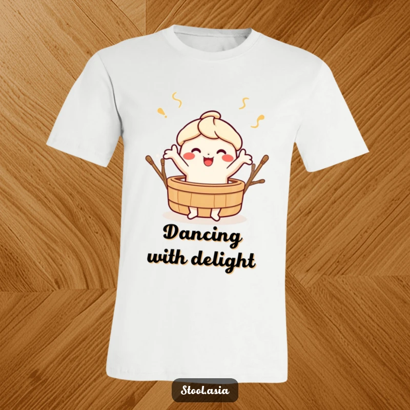 Funny cheerful dim sum character doing a happy dance around a bamboo steamer on a t-shirt, celebrating culinary joy.