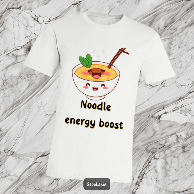 Funny ramen bowl t-shirt featuring a cheerful bowl bouncing with energy on steaming broth.