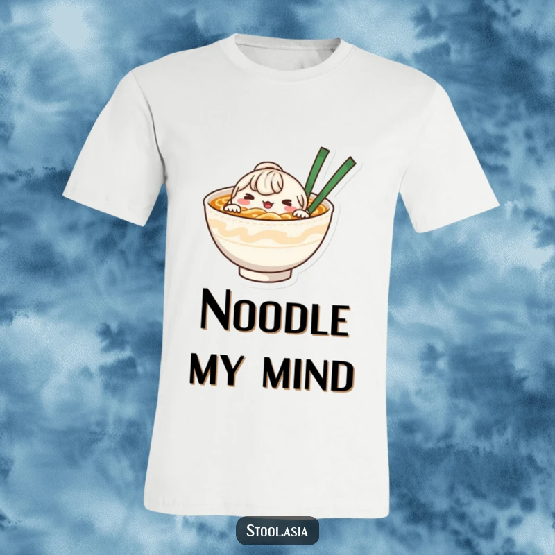 Funny whimsical noodle bowl character peeking from steaming broth on a t-shirt, celebrating savory comfort.