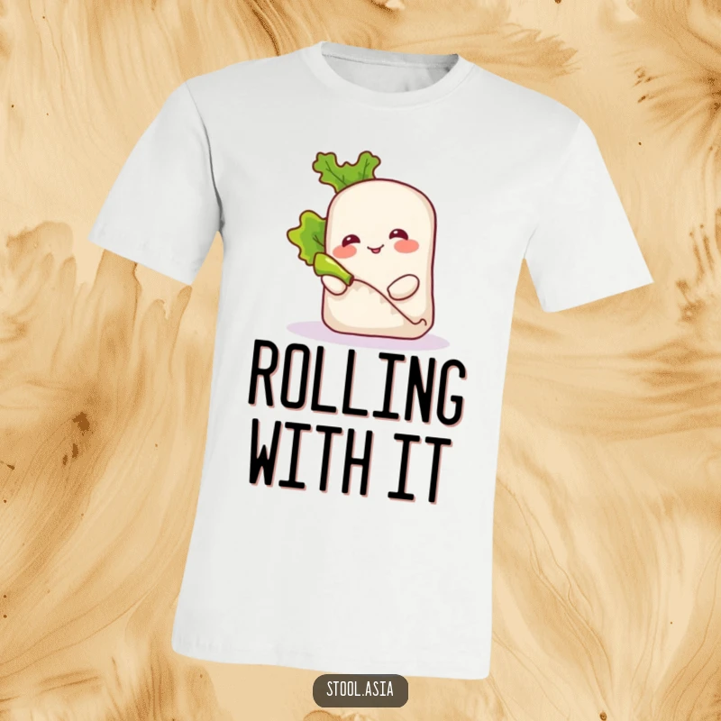Funny smiling spring roll character playfully rolling a tiny piece of lettuce on a t-shirt, showcasing culinary creativity.