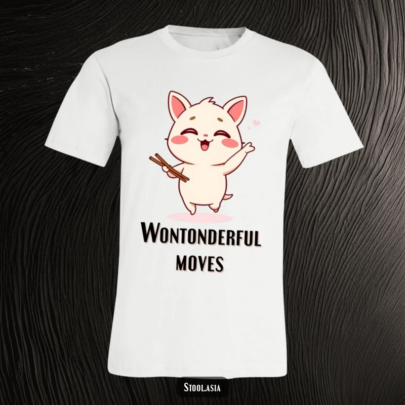 Funny wonton t-shirt showcasing a giggling dumpling character dancing a silly jig with miniature chopsticks, a riot of fun.