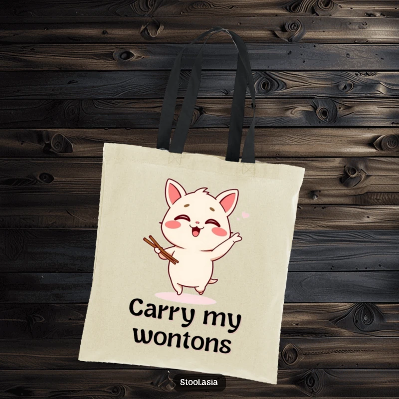 Funny wonton tote bag featuring a giggling dumpling character performing a silly jig with tiny chopsticks, perfect for carrying smiles.