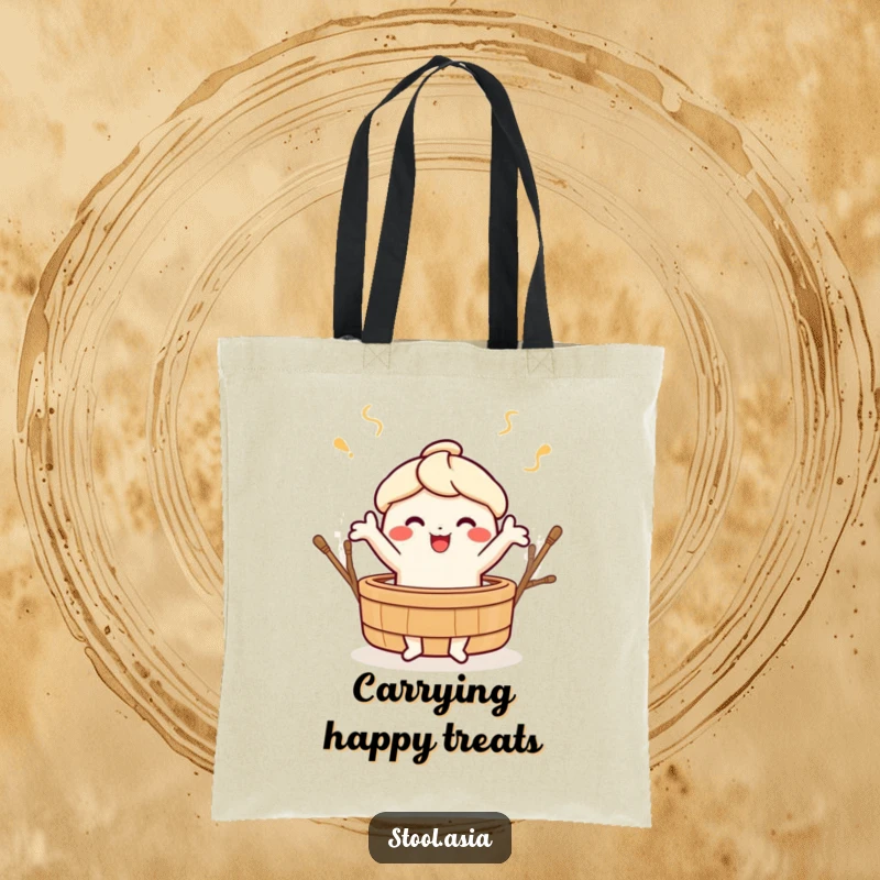 Funny cheerful dim sum character doing a happy dance around a bamboo steamer on a durable tote bag.