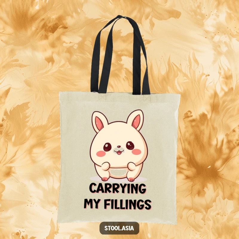 Funny bao bun tote bag with a happy, bouncing bun with cheerful eyes, ideal for carrying essentials.