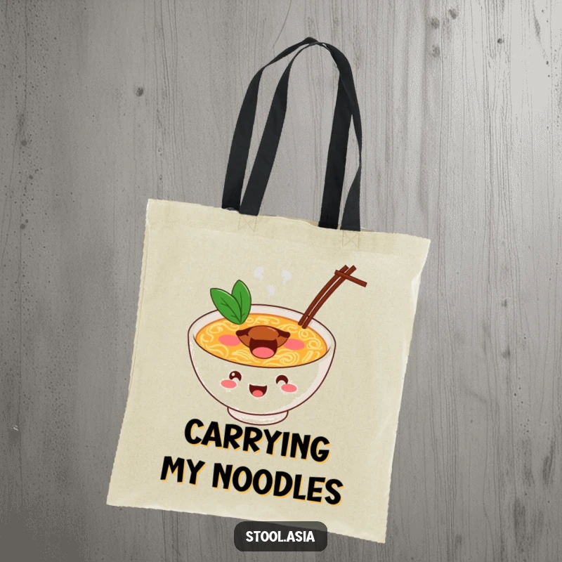 Funny ramen bowl tote bag with a cheerful bowl bouncing with energy, ideal for carrying essentials.