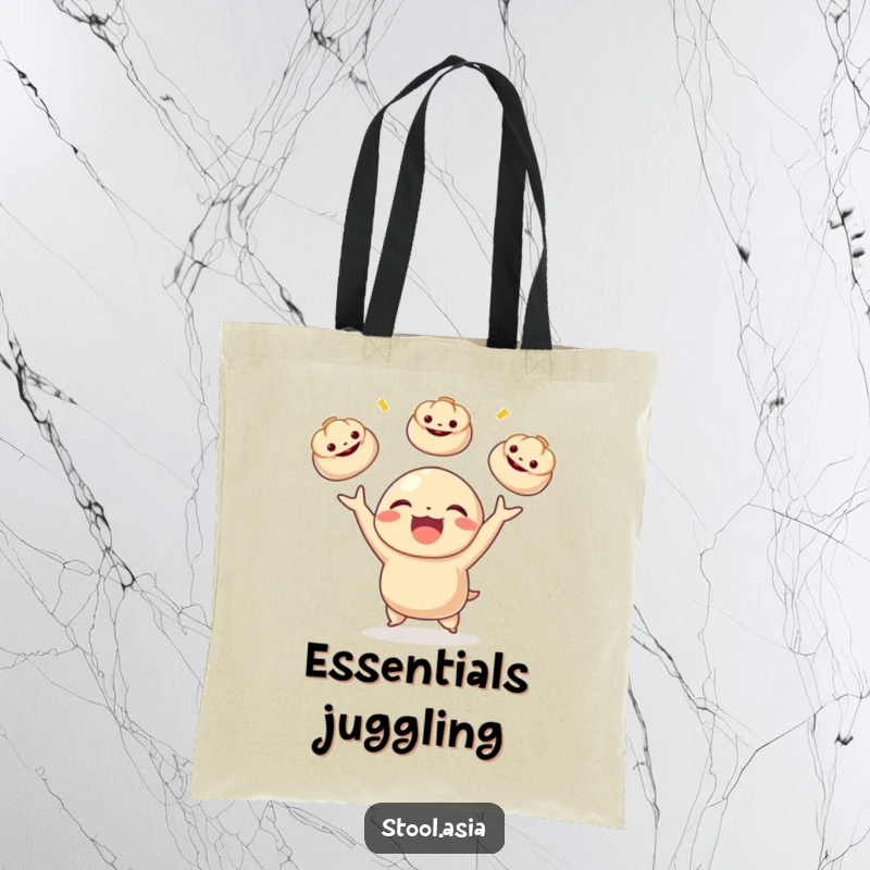 Funny dumpling character joyfully juggling three tiny bao buns on a durable tote bag, perfect for carrying items.