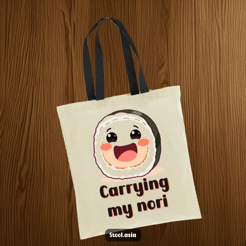 Funny sushi roll tote bag with a joyful roll rolling forward enthusiastically, perfect for carrying essentials.