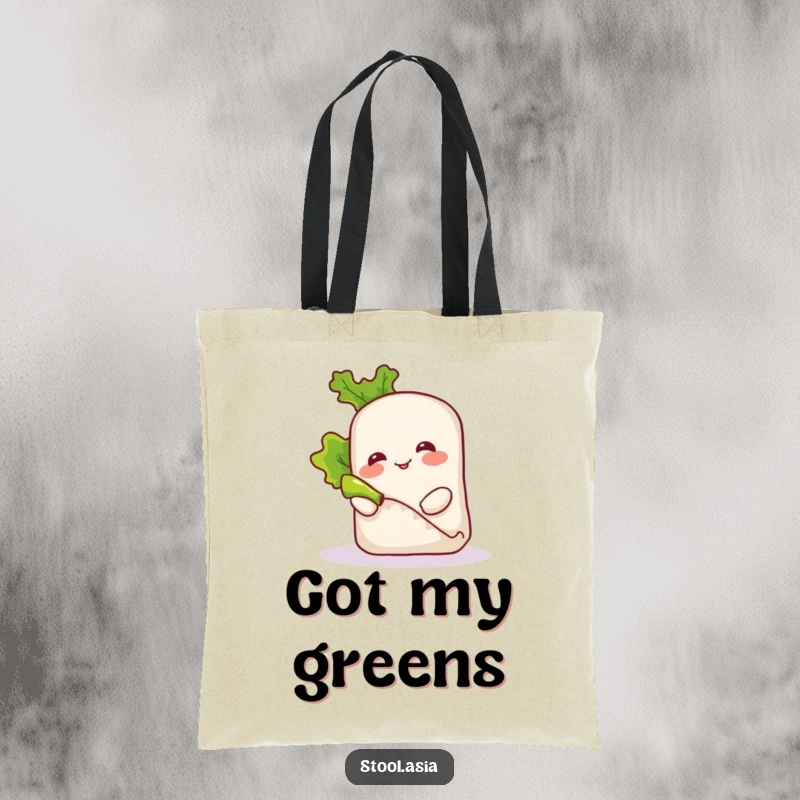 Funny smiling spring roll character playfully rolling a tiny piece of lettuce on a durable tote bag.