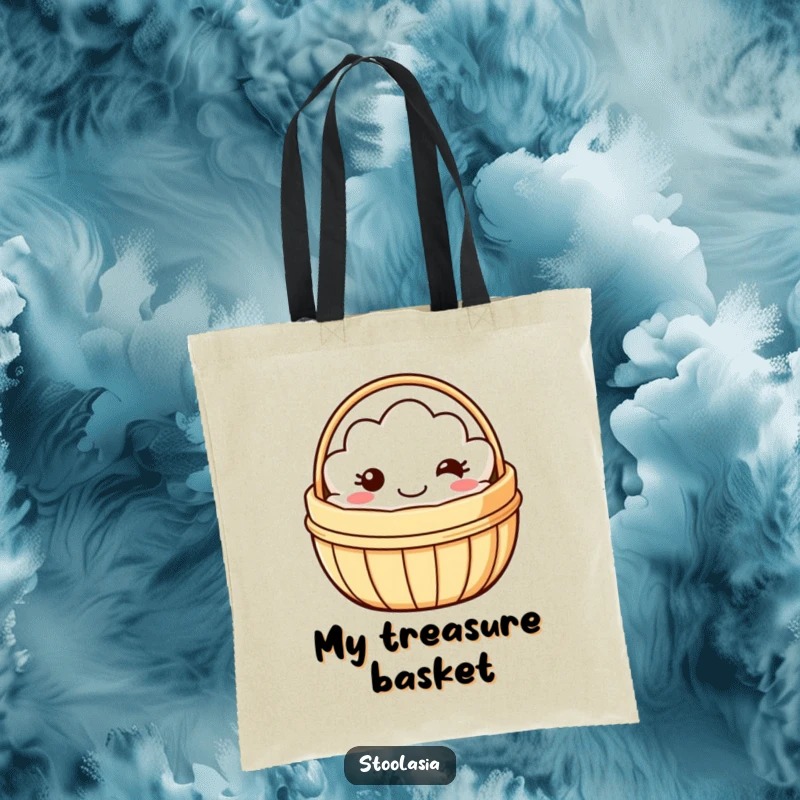 Funny dim sum basket tote bag with a smiling basket wobbling playfully, ideal for carrying essentials.